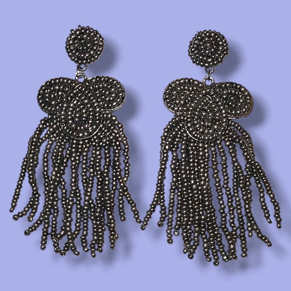 Kelly & Katie Gray Black Beaded Tassel Fringe Statement‎ Drop Earrings Boho